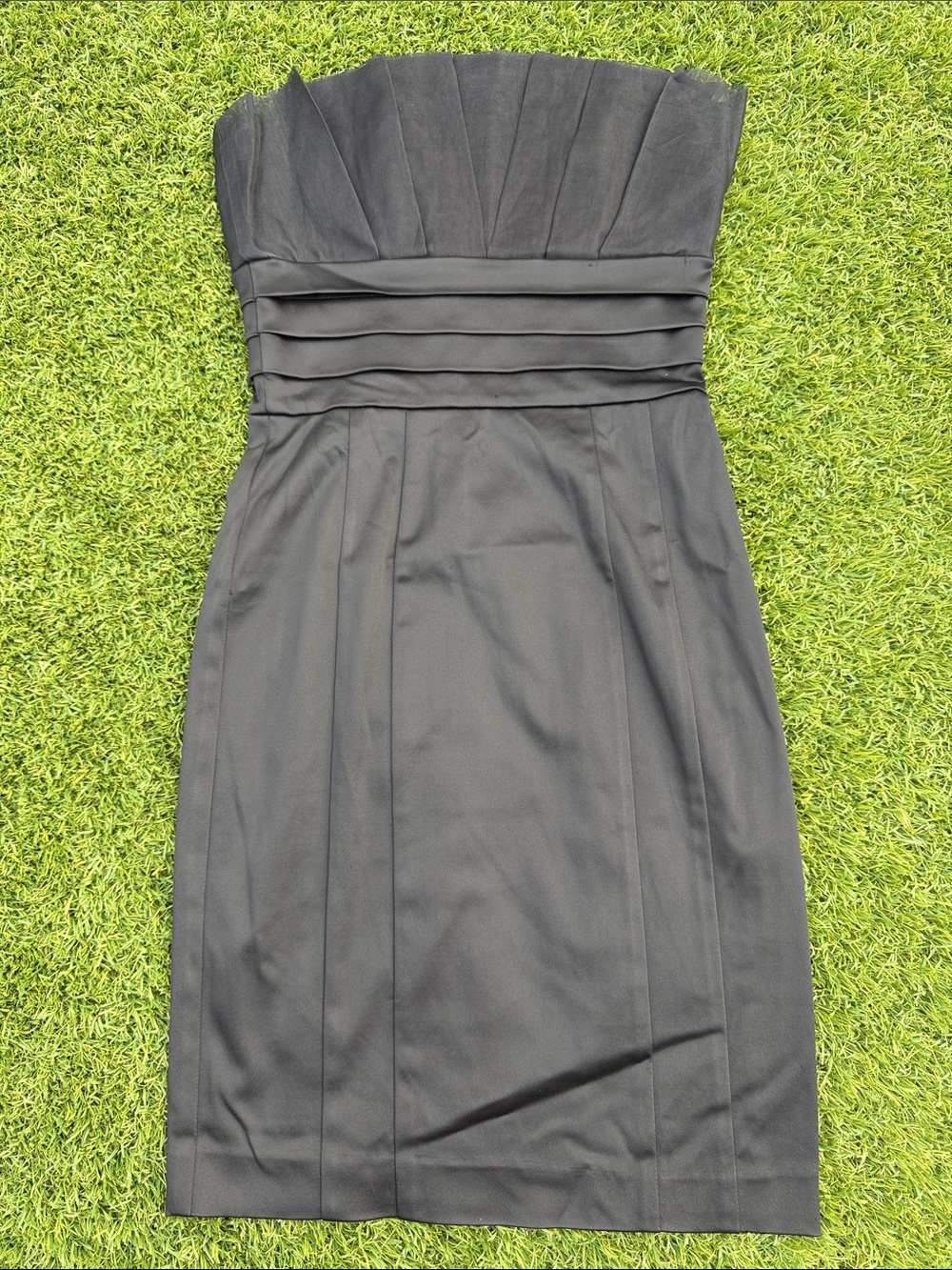 Bebe Silk&Satin Strapless Black Pleated Waist Sheath Dress